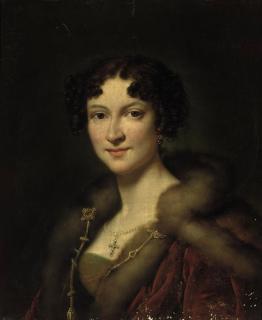 Alexandre-Jean-Dubois Drahonet - Portrait of Henriette Louise Peterson (1796-1845), wife of Auguste, Baron du Bois de Ferrières, bust-length, in a fur-trimmed red mantle and jewels