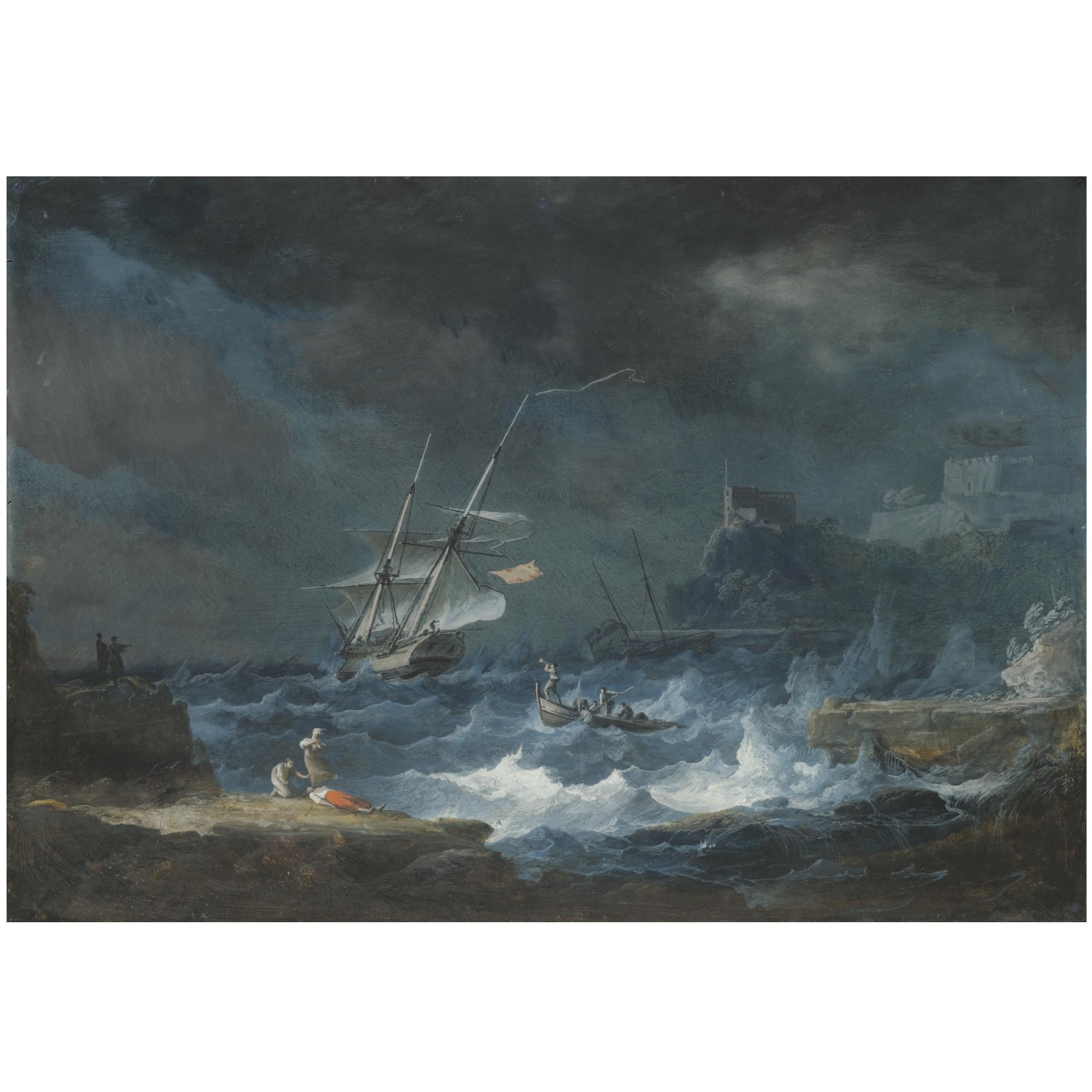 Alexandre Jean Noel - A Coastal Scene With Ships Weathering A Storm