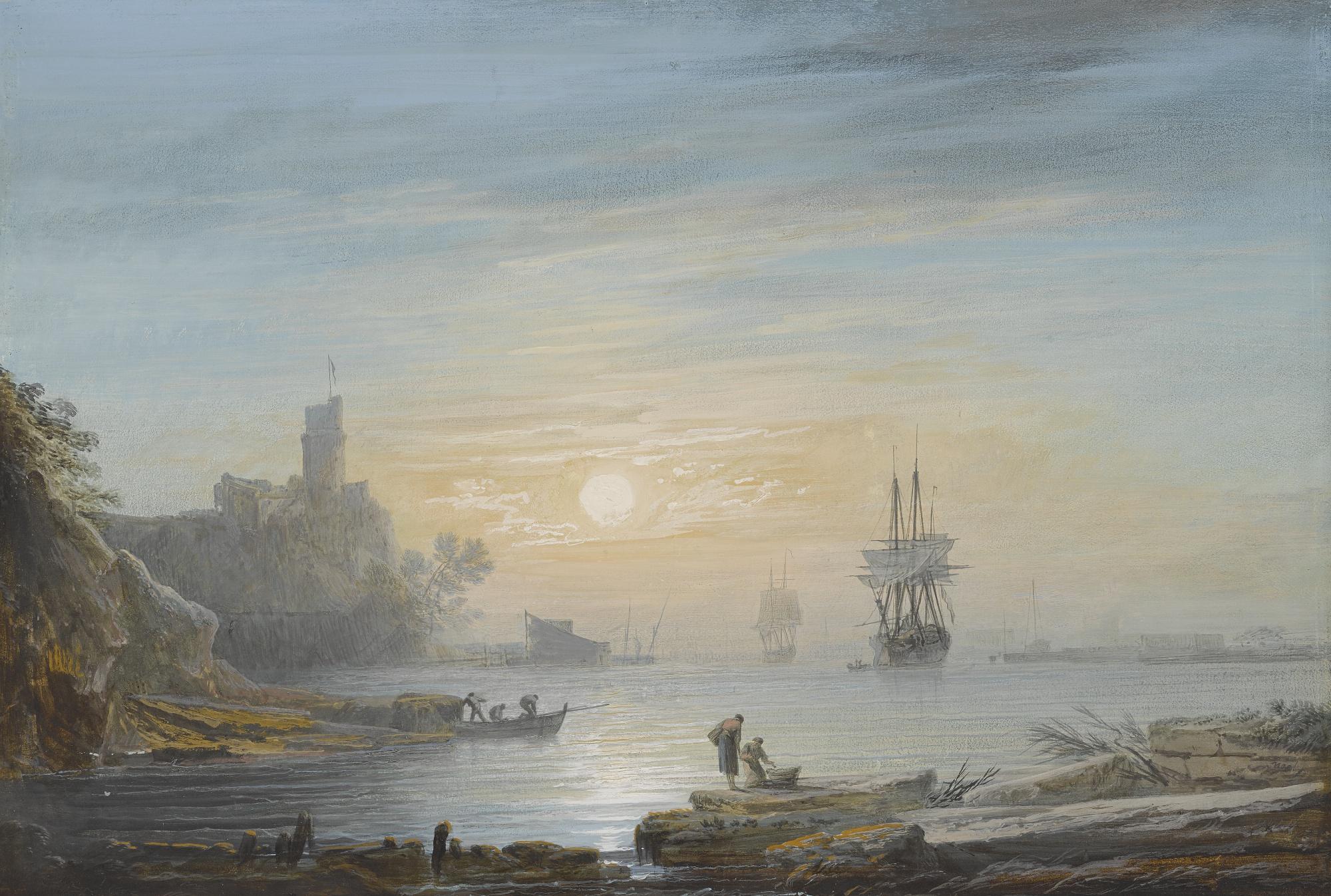 Alexandre Jean Noël - A Harbor At Sunset With Fishermen In The Foreground