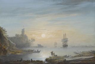 Alexandre Jean Noël - A Harbor At Sunset With Fishermen In The Foreground