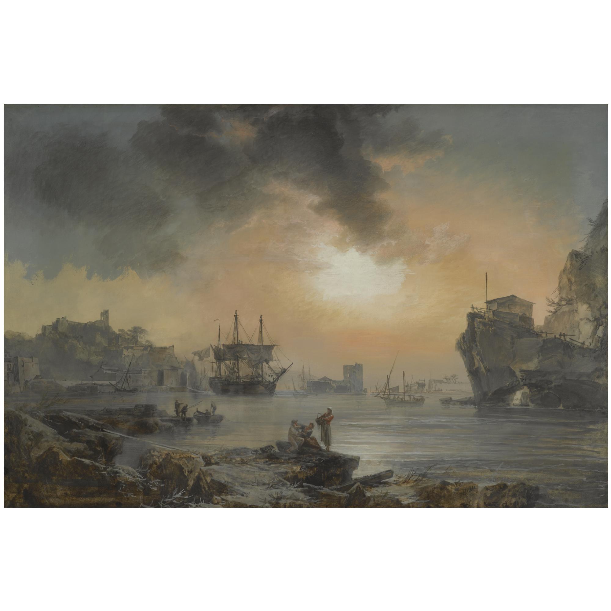 Alexandre Jean Noel - A Harbour Scene With Figures Cavorting In The Foreground And Ships Docking Beyond