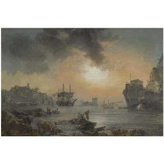 Alexandre Jean Noel - A Harbour Scene With Figures Cavorting In The Foreground And Ships Docking Beyond