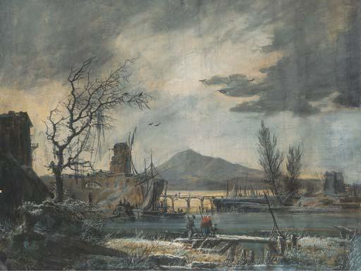 Alexandre-Jean Noël - A harbour seen in winter, under a stormy sky