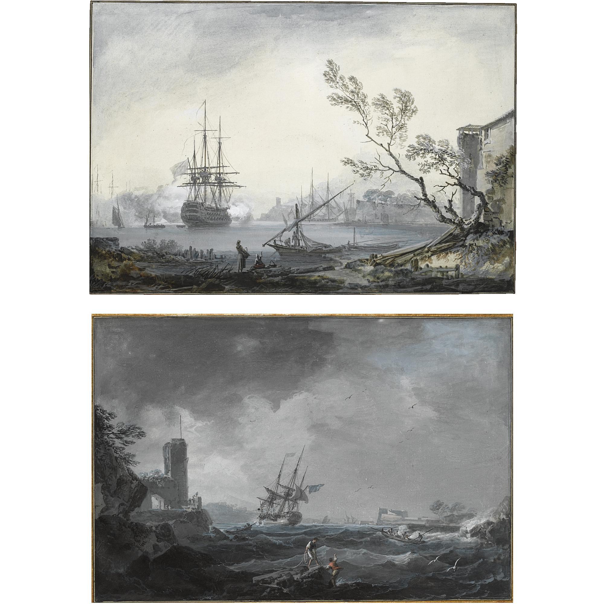 Alexandre Jean Noël - A Pair Of Marine Landscapes: Shipping In Stormy Waters And A Three-Masted Ship Firing Near A Harbour