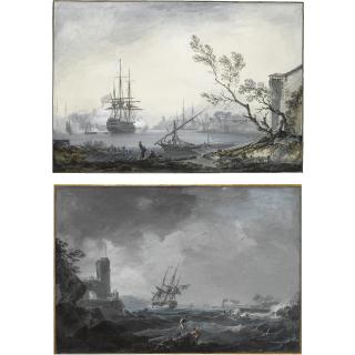 Alexandre Jean Noël - A Pair Of Marine Landscapes: Shipping In Stormy Waters And A Three-Masted Ship Firing Near A Harbour