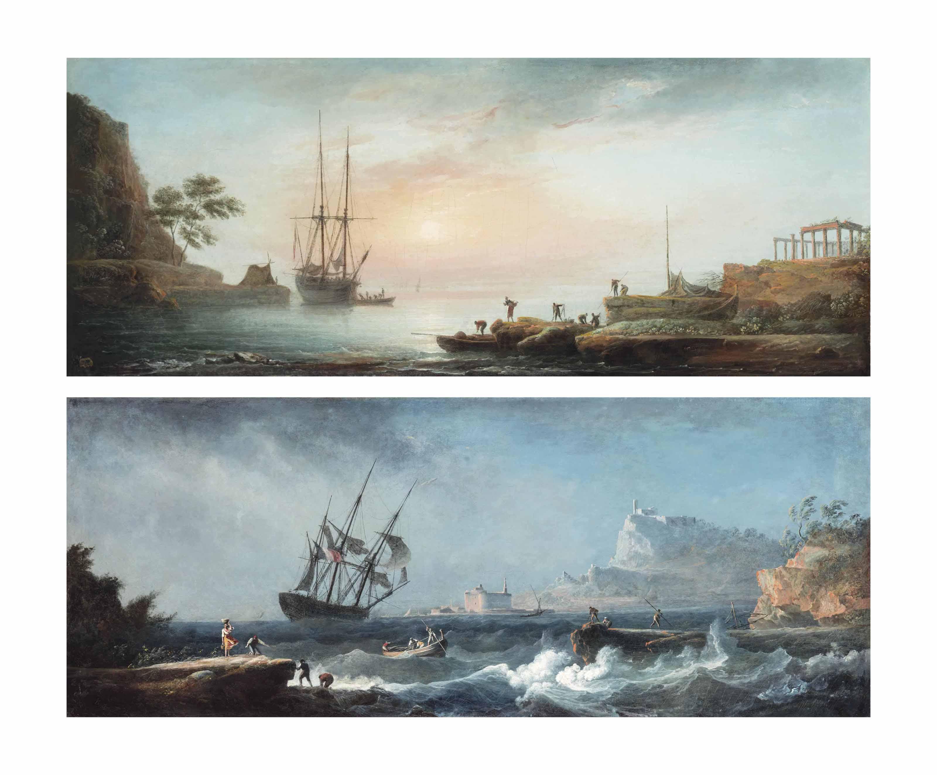 Alexandre-Jean Noel - A peaceful anchorage in the Mediterranean at dawn; and A French merchantman and other shipping in stormy waters, a fortified town on the shore beyond