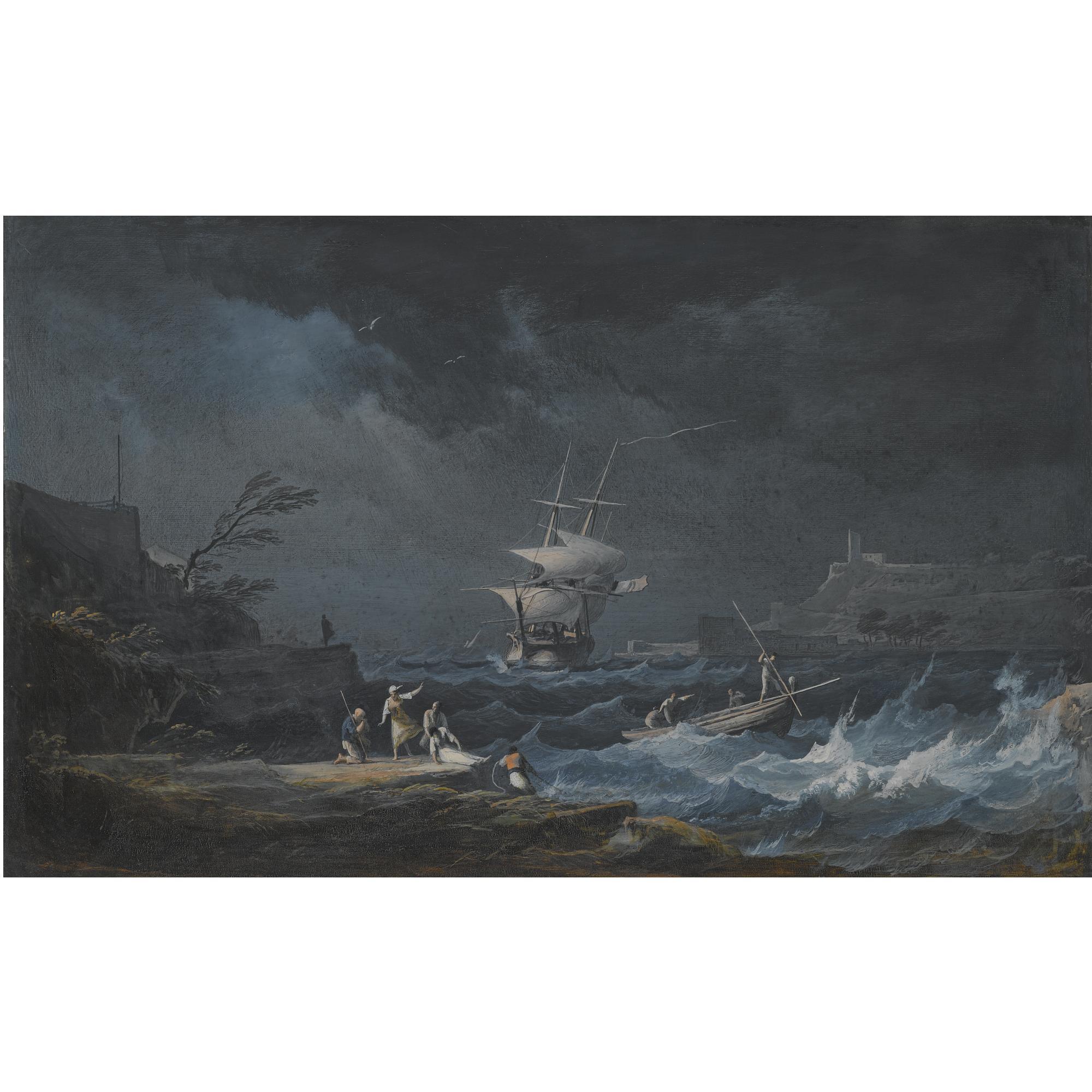 Alexandre Jean Noël - A Shipwreck At Nighttime Off A Rocky Mediterranean Coast