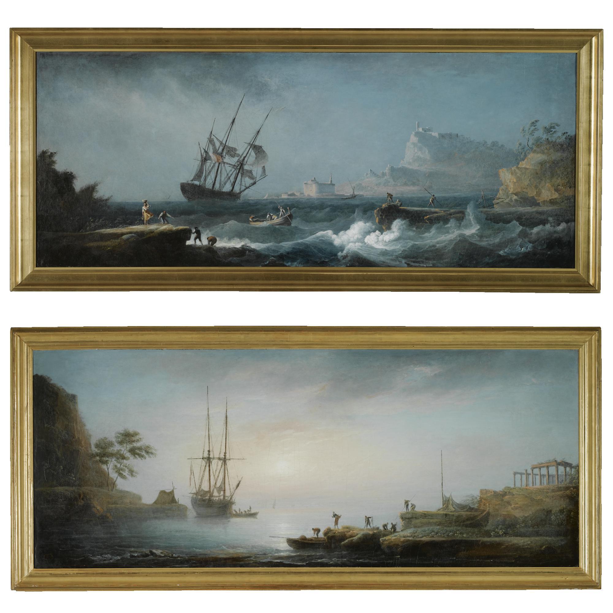 Alexandre Jean Noël - A Stormy Mediterranean Coastal Scene With Distressed Fishermen In The Foreground; A Calm Mediterranean Coastal Scene With Fishermen Unloading Their Catch