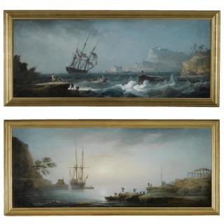 Alexandre Jean Noël - A Stormy Mediterranean Coastal Scene With Distressed Fishermen In The Foreground; A Calm Mediterranean Coastal Scene With Fishermen Unloading Their Catch