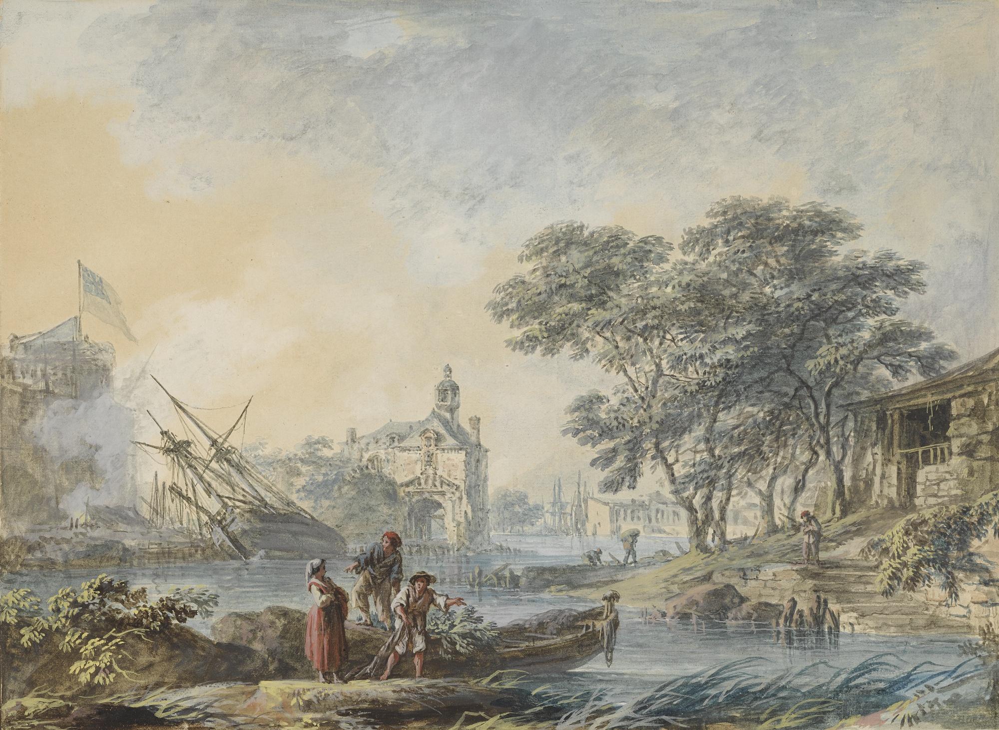 Alexandre Jean Noël - Landscape With A Castle And River With A Ruined Ship