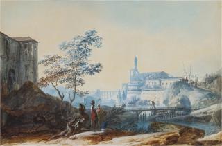Alexandre-Jean Noël - Peasants by a river, a church and other buildings in the background