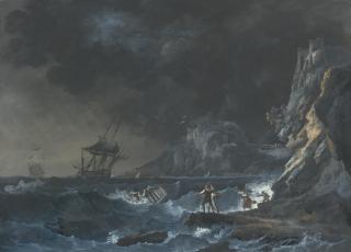 Alexandre Jean Noël - Ships On A Stormy Sea, With Figures On The Shore