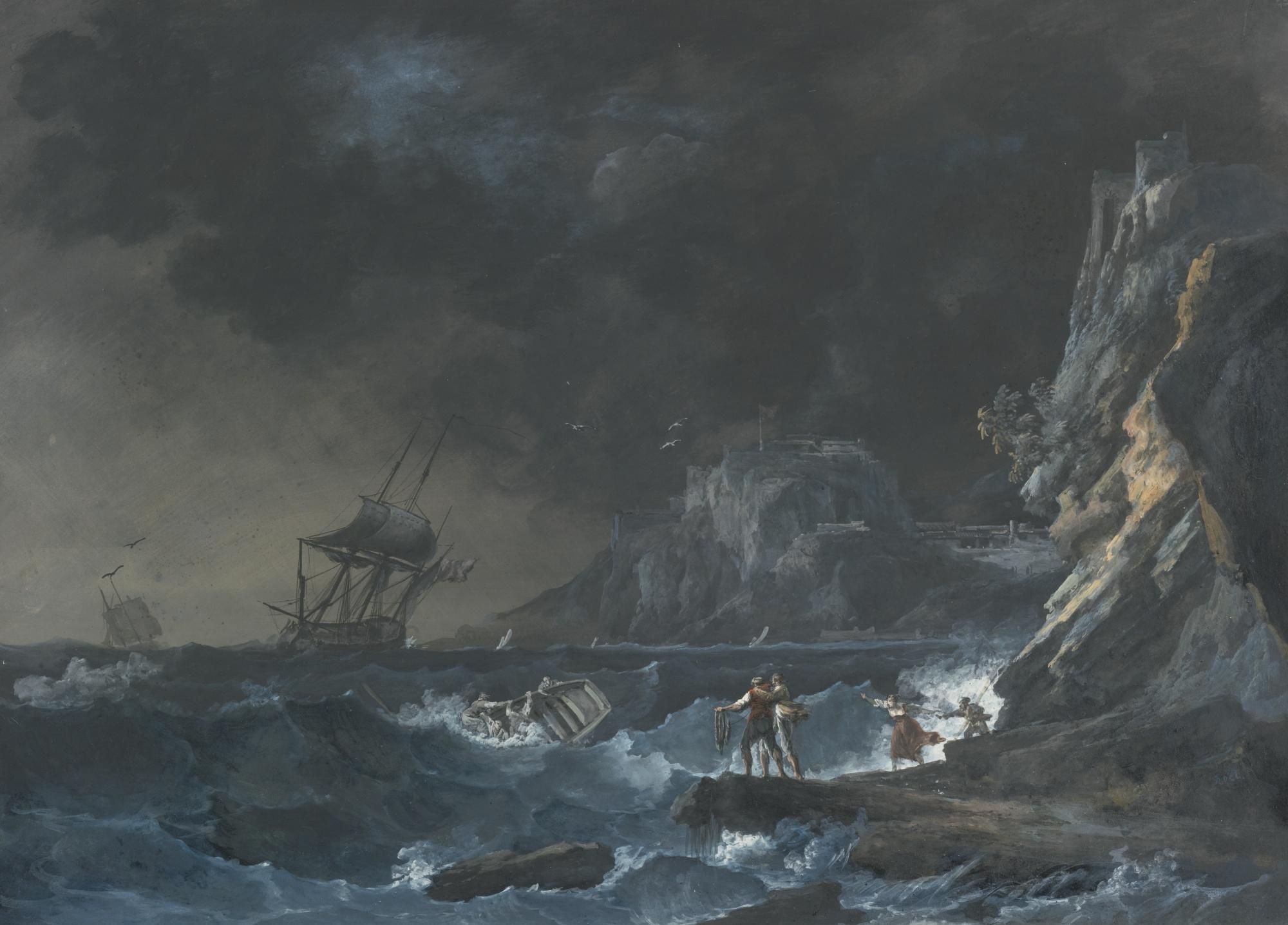 Alexandre Jean Noël - Ships On A Stormy Sea, With Figures On The Shore