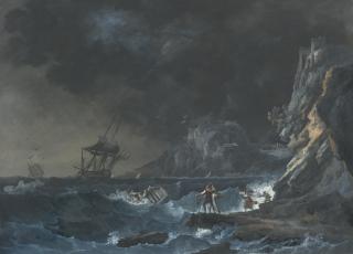 Alexandre Jean Noël - Ships On A Stormy Sea, With Figures On The Shore