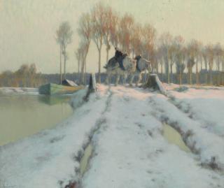 Alexandre-Louis Jacob - Shire horses pulling a barge in winter