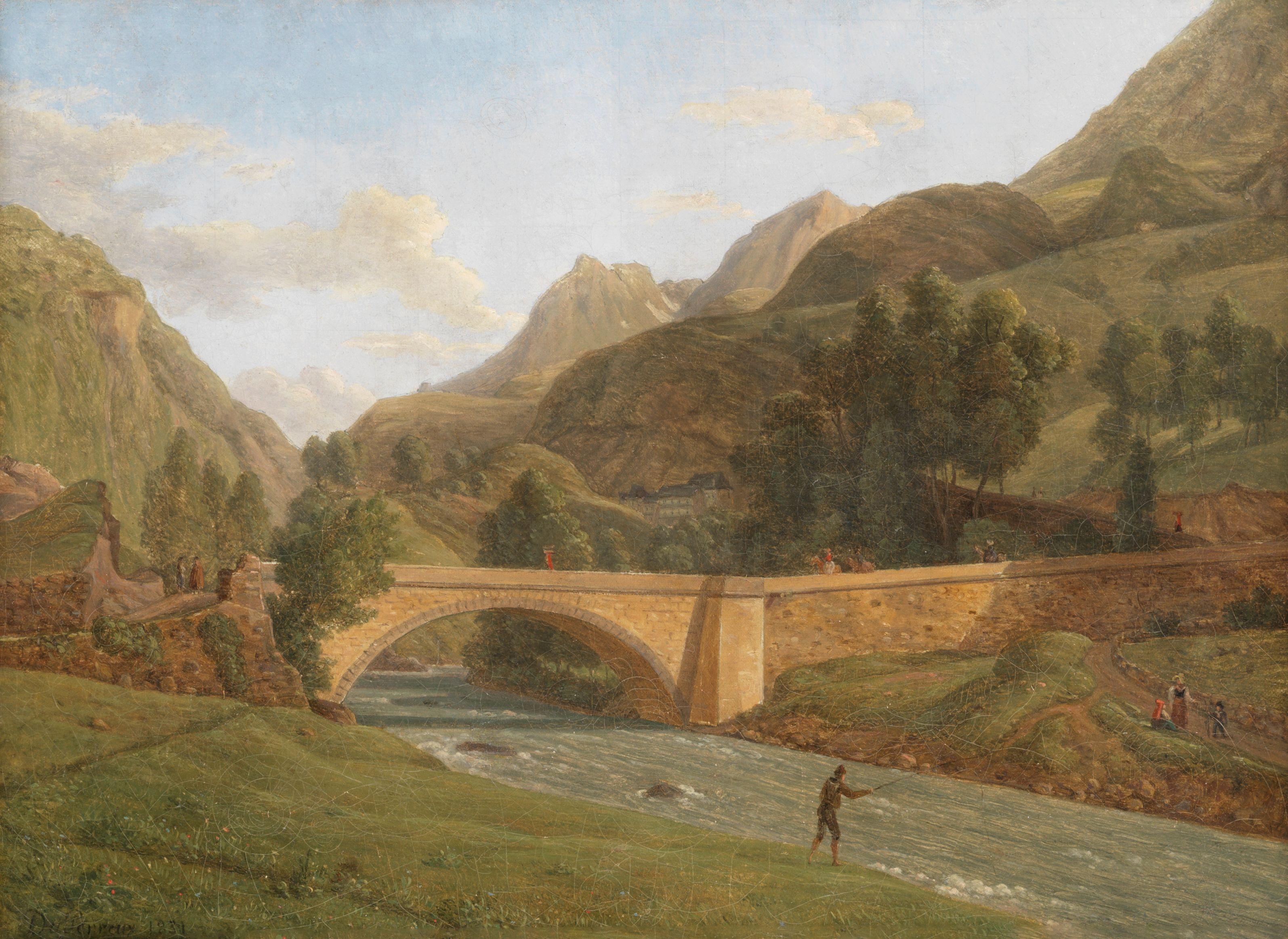 Alexandre Louis Robert Millin Du Perreux - Mountainous river scene with figure fishing, probably a view of the Pont de St Sauveur les Bains