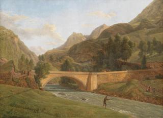 Alexandre Louis Robert Millin Du Perreux - Mountainous river scene with figure fishing, probably a view of the Pont de St Sauveur les Bains