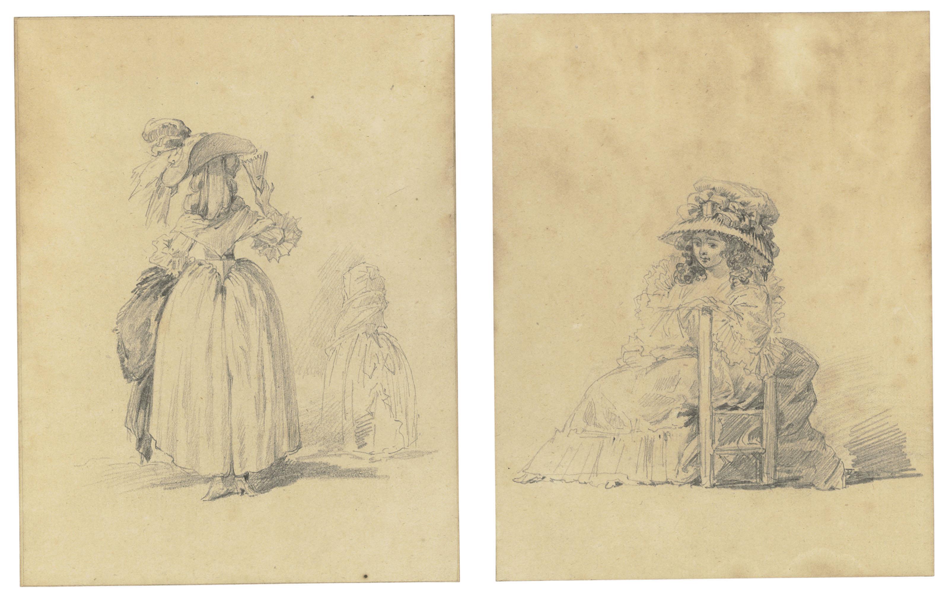 Alexandre Moitte - A fashionably dressed woman, seen from behind (i); and A young woman wearing a large and elaborate hat, seated on a chair (ii)