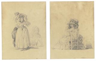 Alexandre Moitte - A fashionably dressed woman, seen from behind (i); and A young woman wearing a large and elaborate hat, seated on a chair (ii)