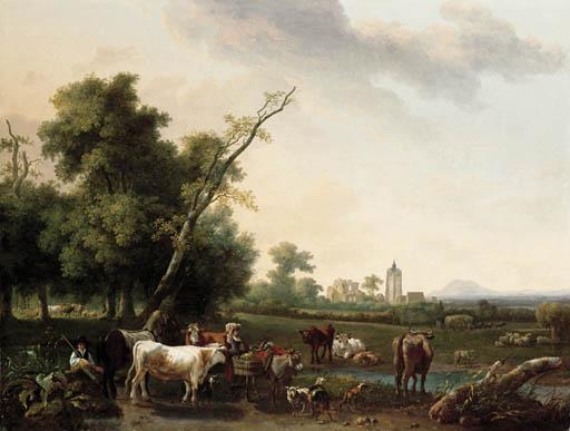 Alexandre Pau de Saint-Martin - An Extensive Landscape With A Peasant Girl And A Shepherd Resting By A Path, With Cattle Watering At A Stream, A Village Beyond