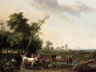 Alexandre Pau de Saint-Martin - An Extensive Landscape With A Peasant Girl And A Shepherd Resting By A Path, With Cattle Watering At A Stream, A Village Beyond