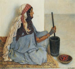 Alexandre Roubtzoff - Alia Assise Devant Un Mortieralexandre Roubtzoff ; Alia Sitting And Grinding Vegetables ; Signed, Located And Dated Lower Right Tunis 1921, Signed And Dated In Arabic Lower Left ; Oil On Canvas