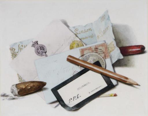 Alexandre-Thomas Francia - Trompe l\'oeil of letters, cards, an envelope, pencil, match and cigar stub