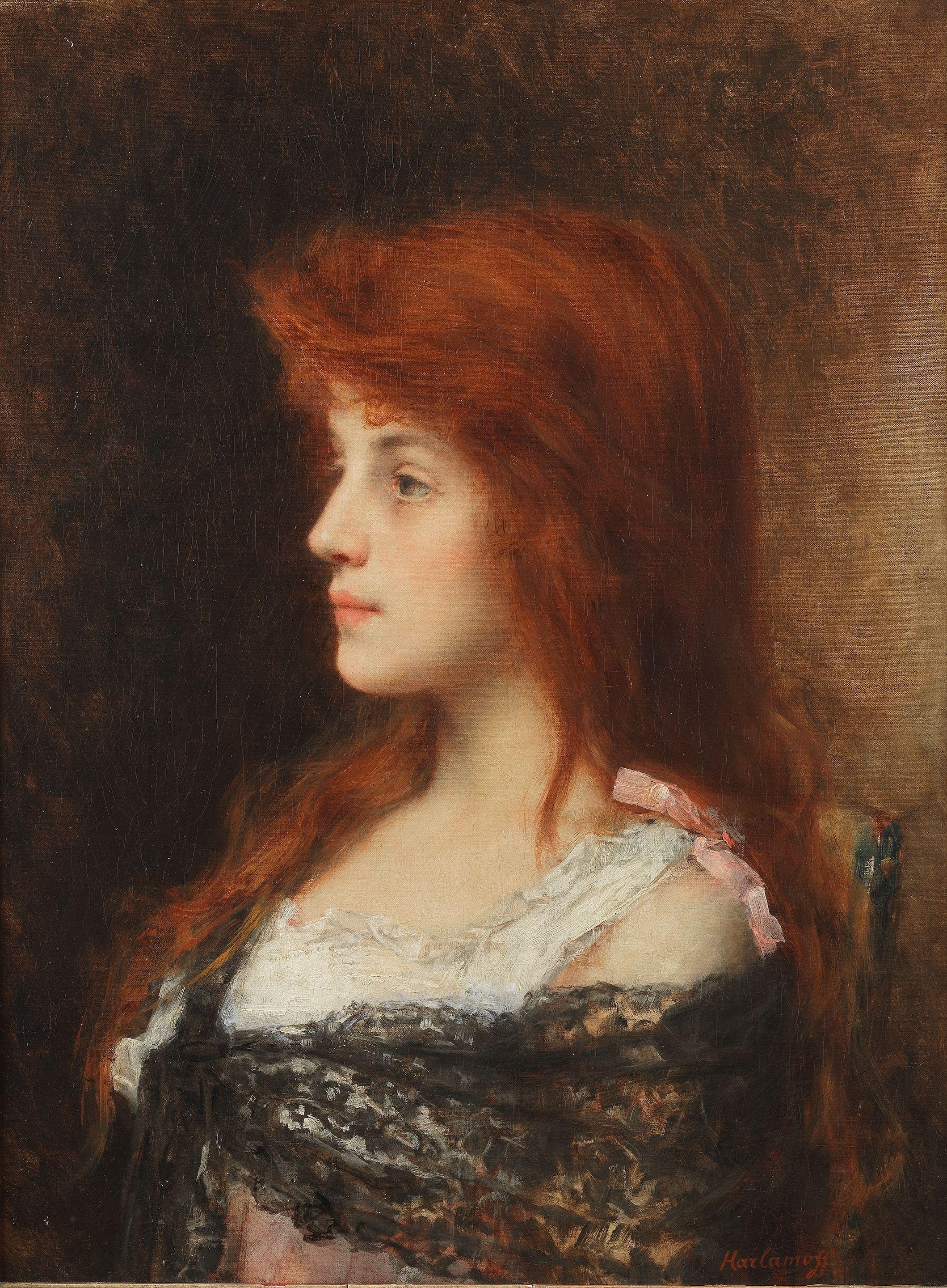Alexei Alexeevich Harlamoff - Portrait of a girl in a black lace shawl