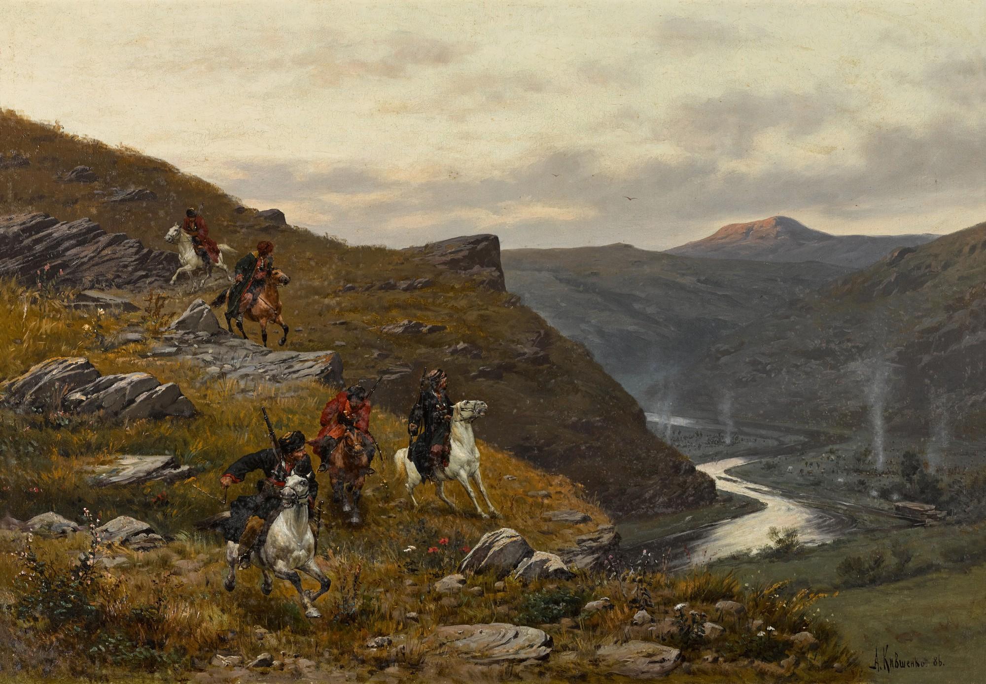 Alexei Danilovich Kivshenko - Cossack Horsemen Observing a Military Camp