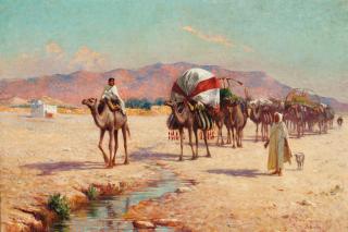 Alexis Auguste Delahogue - A caravan approaching a stream in Biskra