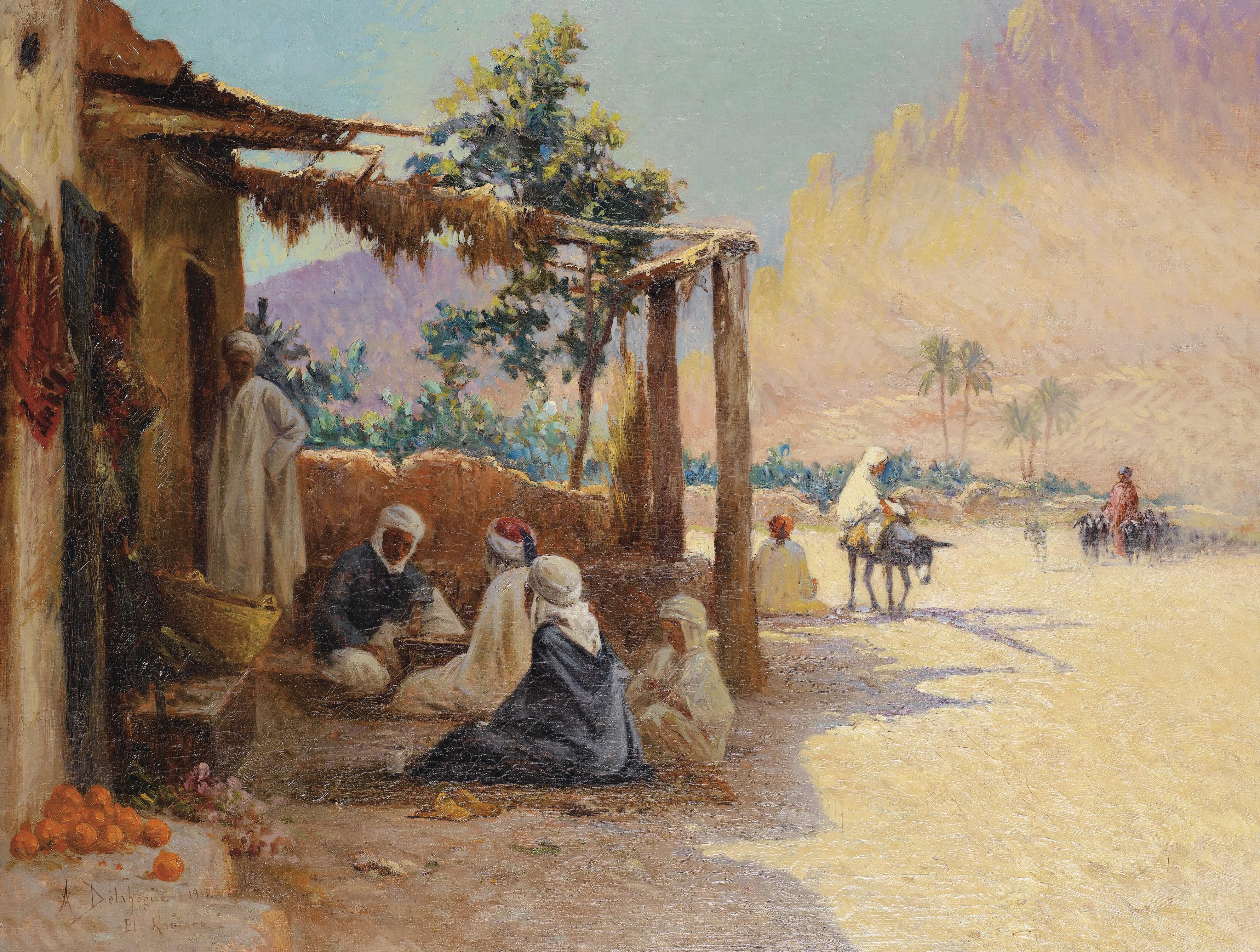 Alexis-Auguste Delahogue - Joueurs D\'Échecs À El Kantaraalexis-Auguste Delahogue ; Chess Players In El Kantara ; Signed Located And Dated Lower Left El Kantara 1912 ; Oil On Canvas