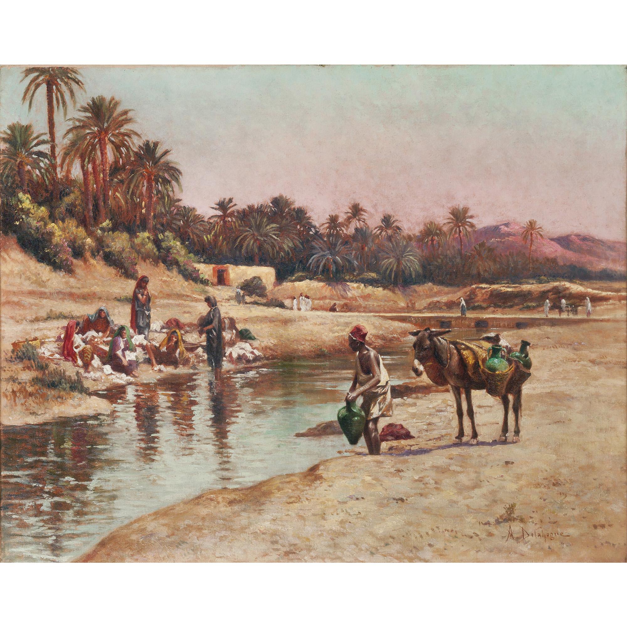 Alexis-Auguste Delahogue - Lavandières Et Porteur D\'Eaualexis Delahogue ; Washerwomen By The River And Water Carrier  ; Signed And Dated Lower Right 1925 ; Oil On Canvas
