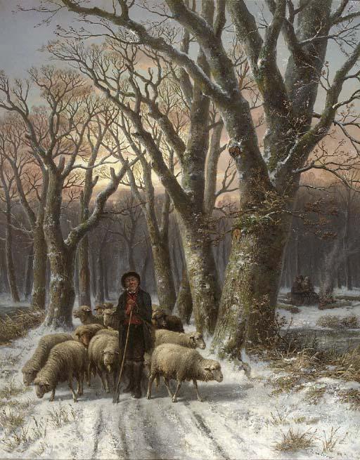 Alexis De Leeuw - A frosty forest with a shepherd and his flock