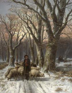 Alexis De Leeuw - A frosty forest with a shepherd and his flock