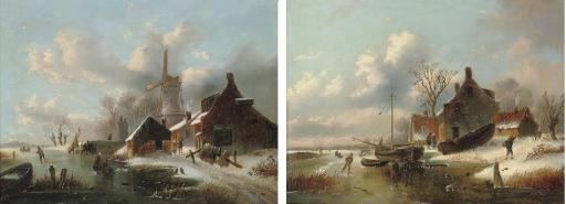 Alexis De Leeuw - Figures skating by a windmill; and Skaters by a farmstead on a Dutch waterway