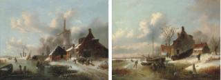 Alexis De Leeuw - Figures skating by a windmill; and Skaters by a farmstead on a Dutch waterway