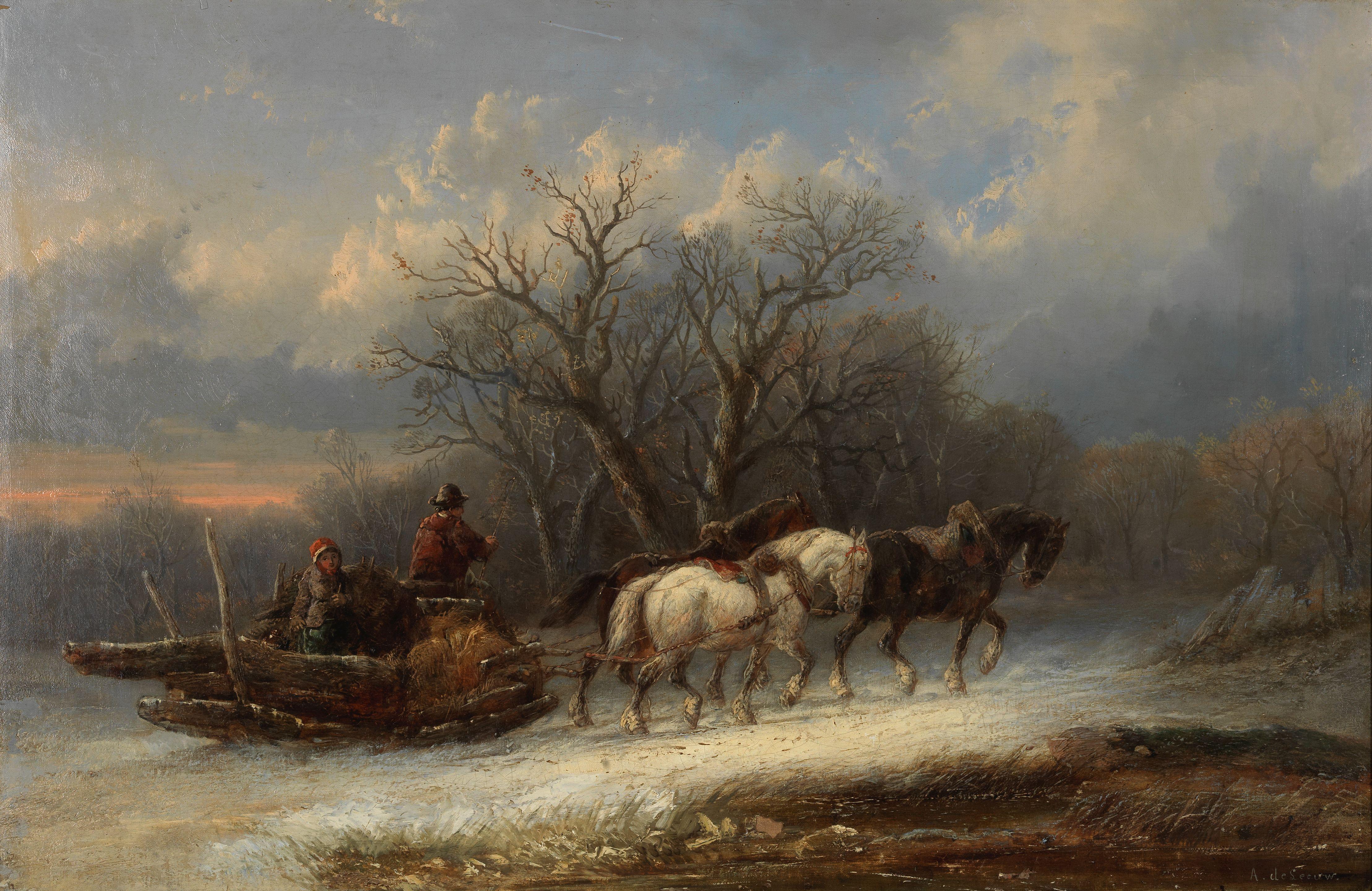 Alexis de Leeuw - Horse drawn sledge in winter landscape