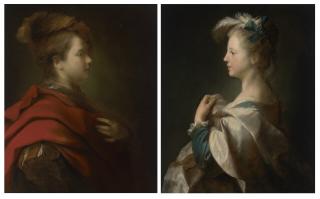 Alexis Grimou - Portrait of a boy, half-length, in profile, in fancy dress; and Portrait of a girl, half-length, in profile in fancy dress