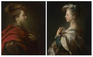 Alexis Grimou - Portrait of a boy, half-length, in profile, in fancy dress; and Portrait of a girl, half-length, in profile in fancy dress