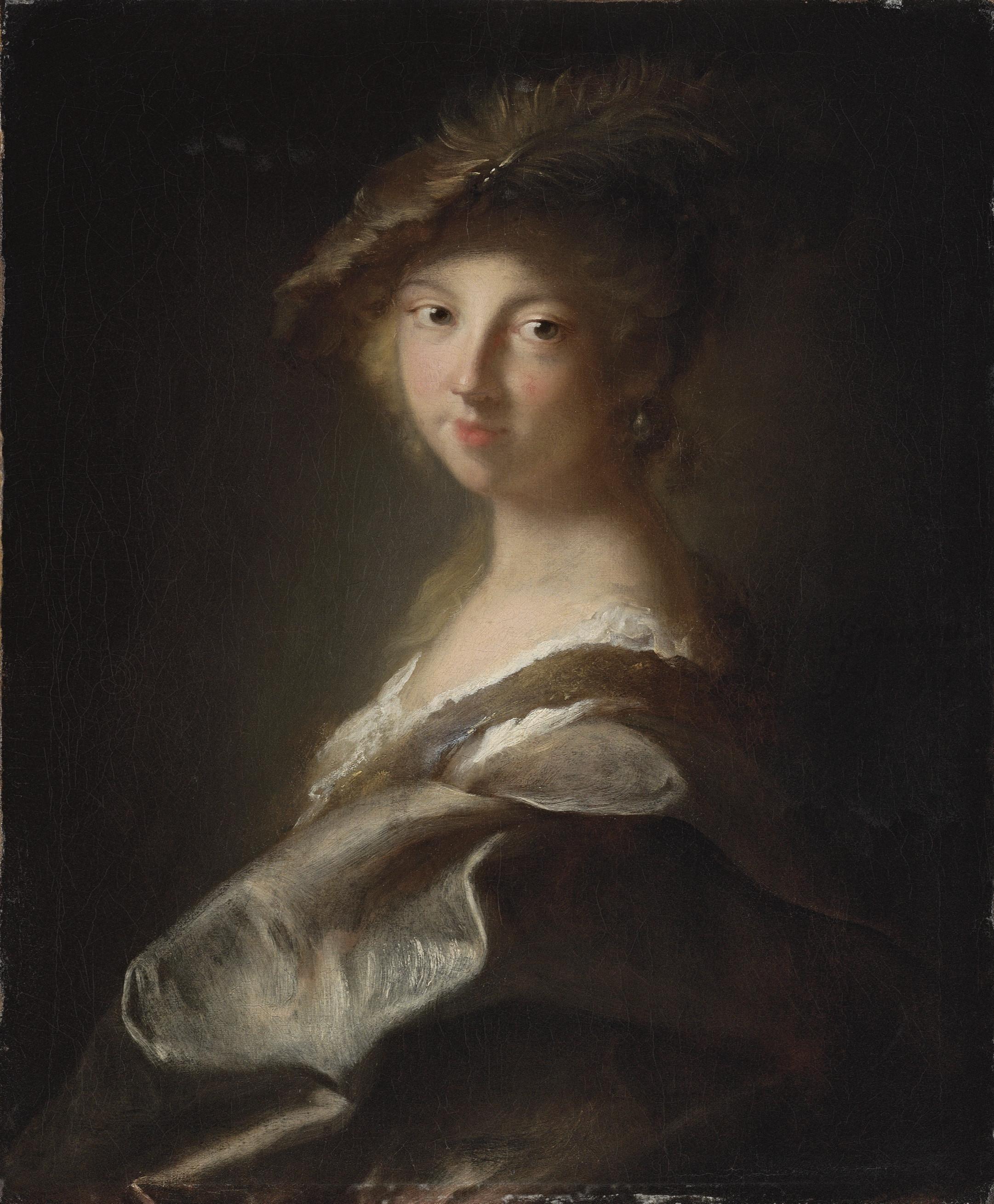 Alexis Grimou - Portrait of a lady, said to be the duchesse de Caumont-Laforce, bust-length, in a plumed hat and silk mantle