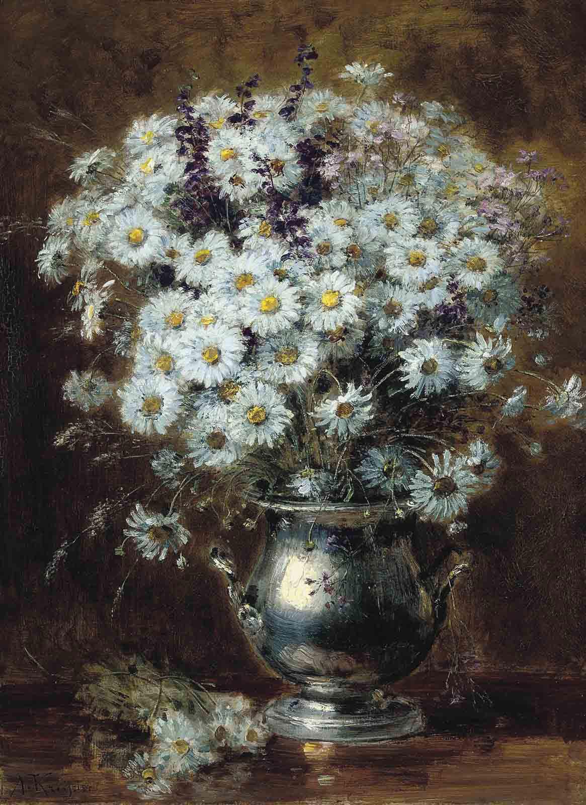 Alexis Kreyder - Daisies and other summer blooms in a silver ewer
