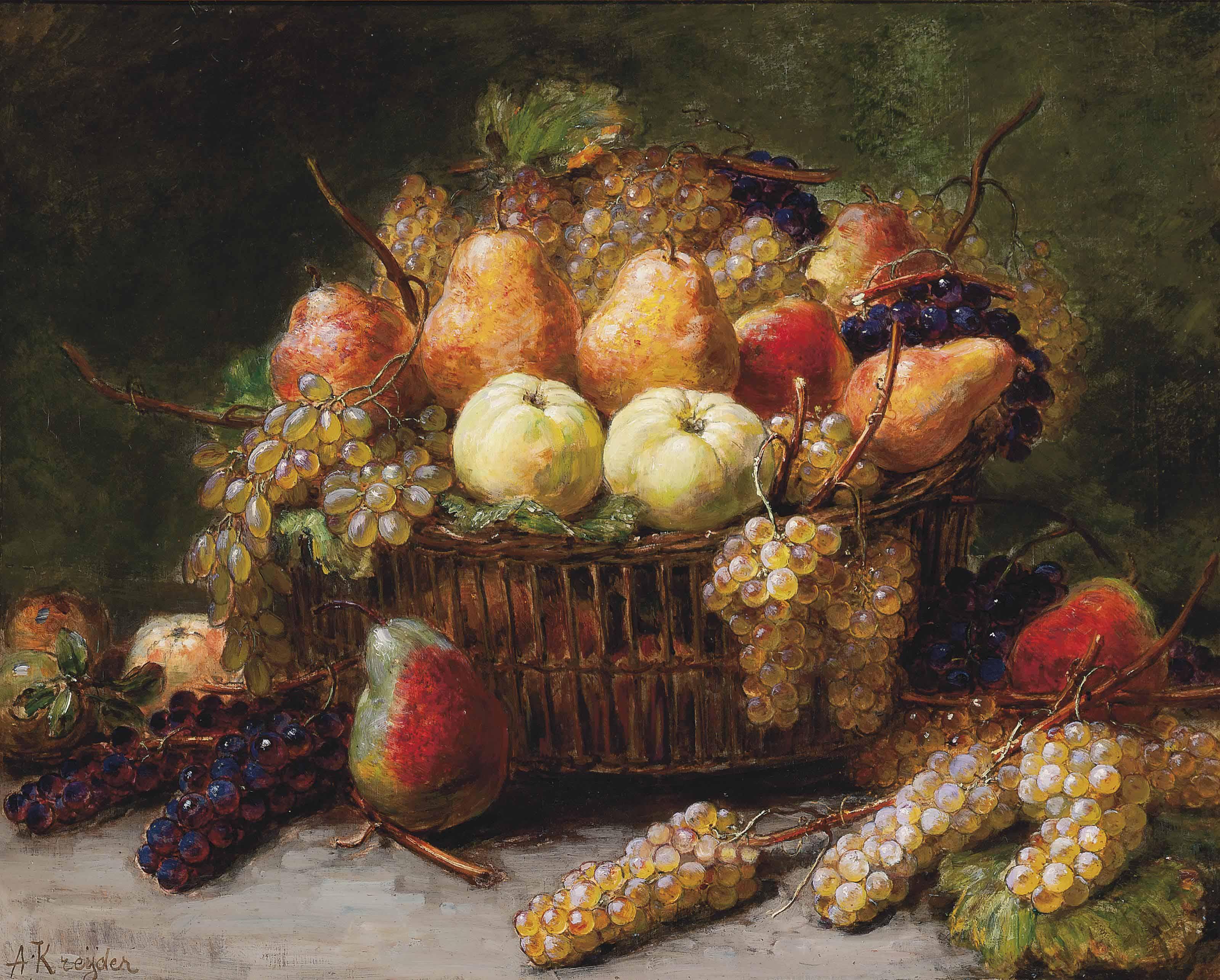 Alexis Kreyder - Pears, apples and grapes in a wicker basket on a stone ledge