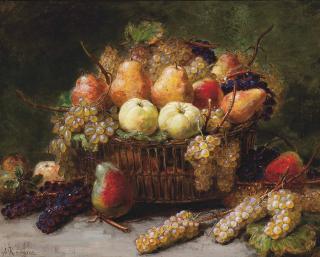 Alexis Kreyder - Pears, apples and grapes in a wicker basket on a stone ledge