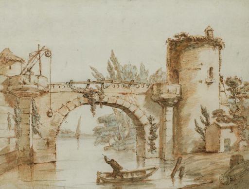 Alexis-Nicolas Perignon - Un homme dans une barque s\'apprêtant à passer sous un pont en pierre