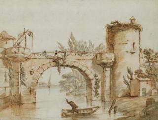 Alexis-Nicolas Perignon - Un homme dans une barque s\'apprêtant à passer sous un pont en pierre