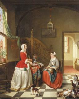 Alexis van Hamme - A lady giving instructions to her maid in a 17th century interior
