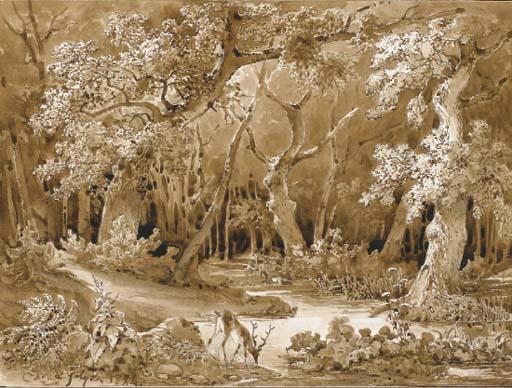 Alexis-Victor Joly - Une forêt avec un cerf s\'abreuvant dans un ruisseau, deux biches au fond