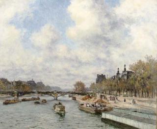 Alexis Vollon - Le Pont des Saints-Pères with peniches on the Seine