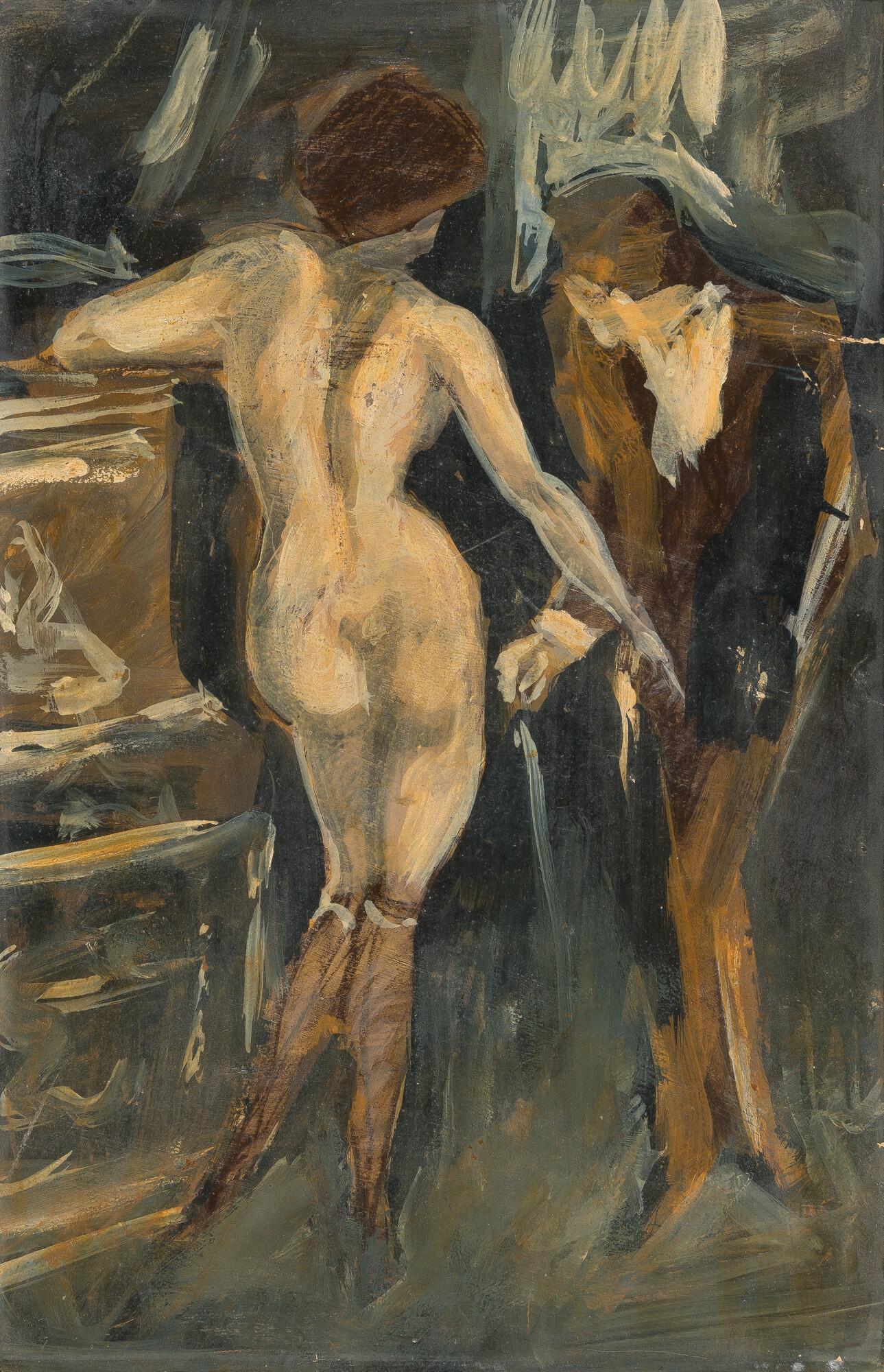 Alfons Walde - Interieur mit weiblichem Rückenakt und Mann mit Gehstock