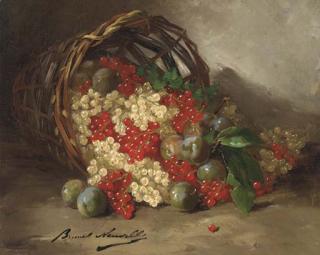 Alfred Arthur Brunel de Neuville - A basket of red and white currants and plums